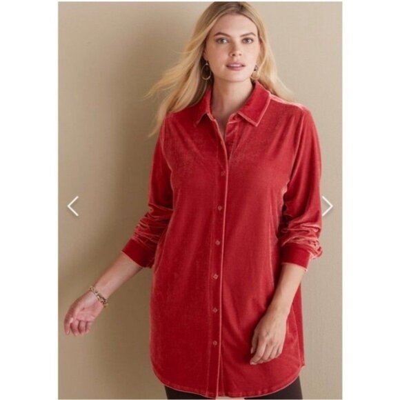 Soft Surroundings Size LRed Velvet Tunic Top Blouse Long Sleeve Button Up - Picture 1 of 7